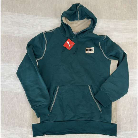 Puma Patched Up Men's Large Hoodie Malachite Teal Green Pullover Sweatshirt L - Picture 3 of 11